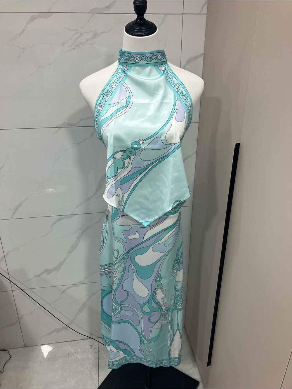 Emilio Pucci Aqua, Mint & Lavender Silk Halter Maxi Dress